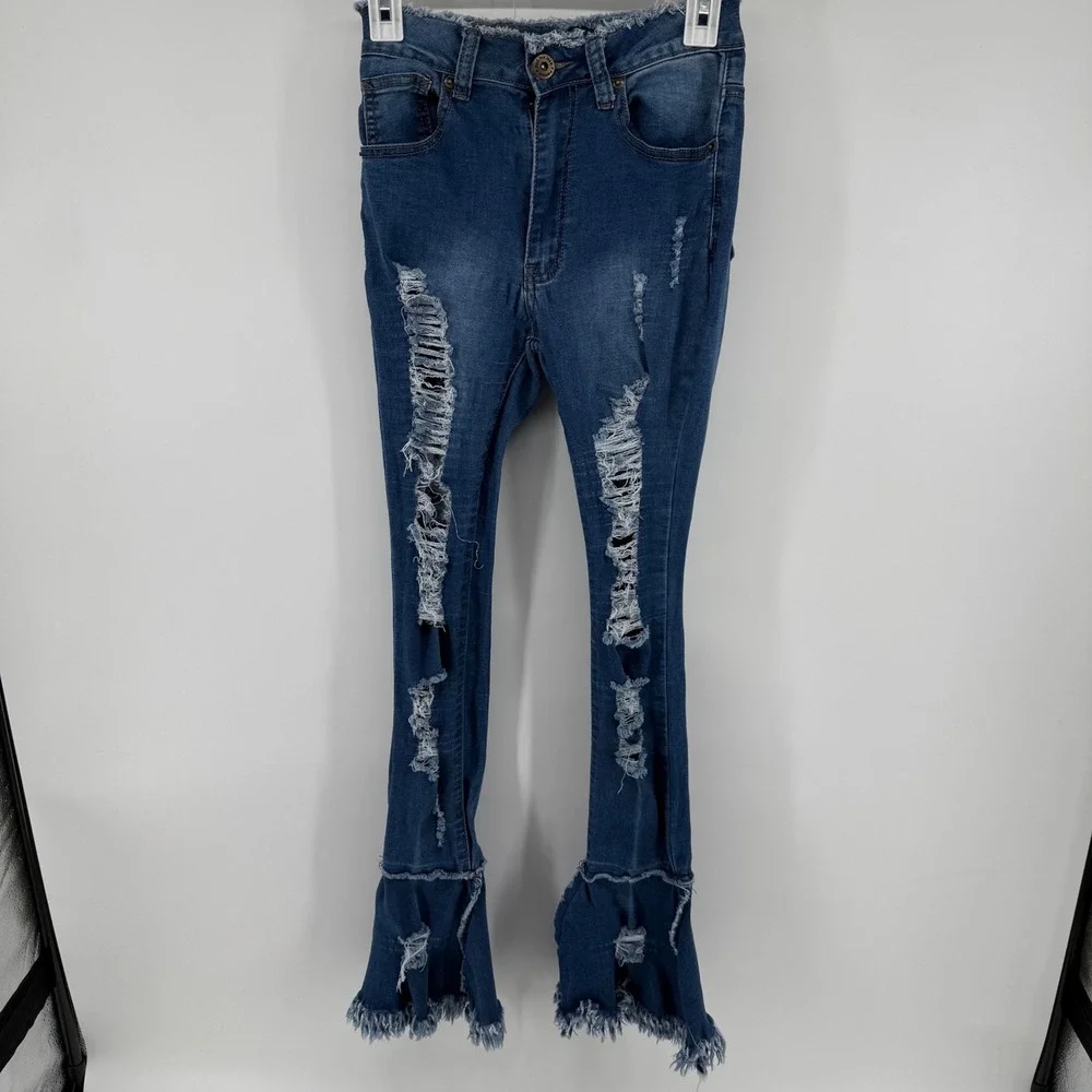 Y2K Red Fox Jeans Womens 5 Distressed High Rise Flare Bell Bottom Fray Hem Blue